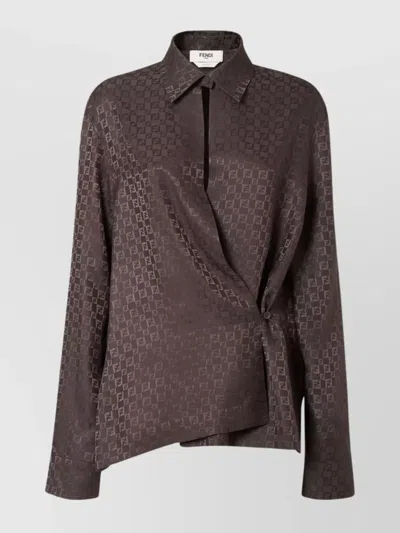FENDI LOGO PATTERN SILK SHIRT WITH ASYMMETRIC HEM
