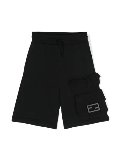 Fendi Kids' Logo-plaque Cotton Track Shorts In Black