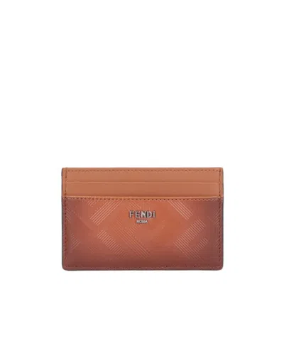 Fendi Logo-plaque Leather Cardholder In Brown