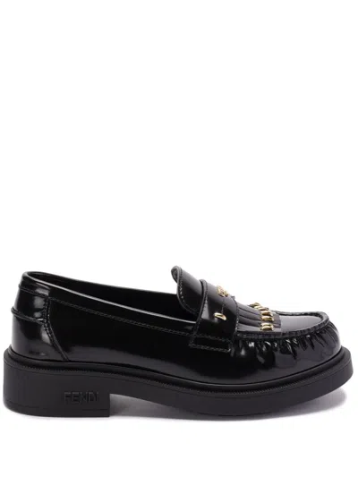 Fendi Logo-plaque Leather Loafers In Black