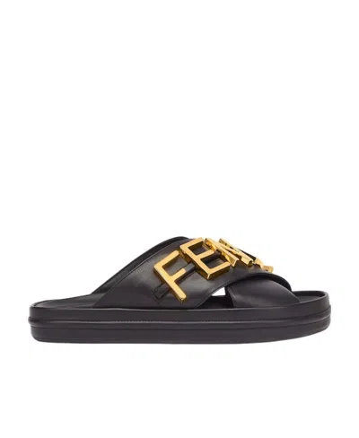 Fendi Logo-plaque Leather Sliders In Black