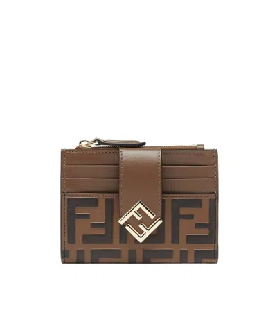 Fendi Brown Leather Card Holder In Multi