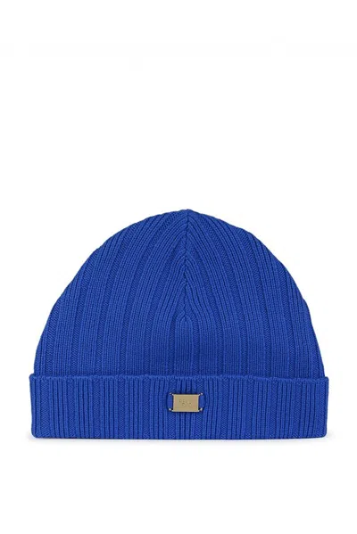 Fendi Logo Plaque Ribbed Beanie In Blue