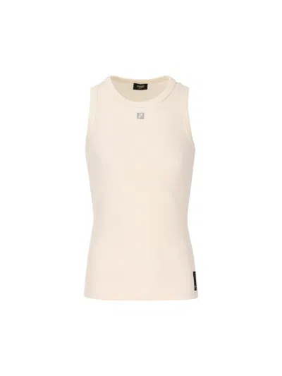 Fendi Logo Plaque Ribbed-knit Top In White