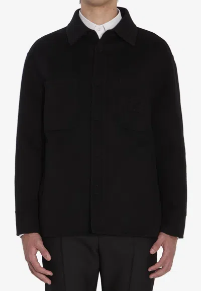 Fendi Logo Plaque Wool Overshirt In Black