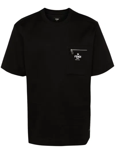 Fendi Logo Print Cotton T Shirt In Black