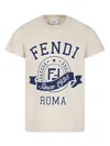 Fendi Beige T-shirt For Kids With Logo Print In Neutrals