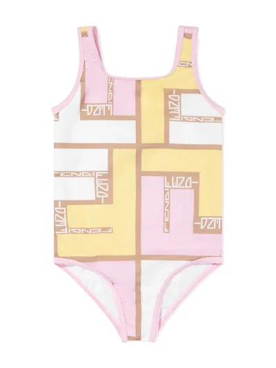 Fendi Kids' Logo-print One-piece Swimsuit In Pink
