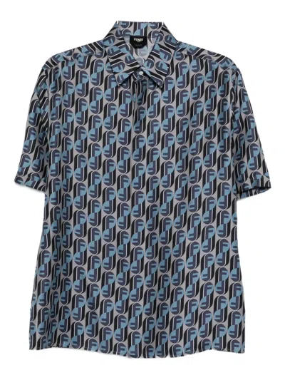Fendi Logo-print Silk Shirt In Blue