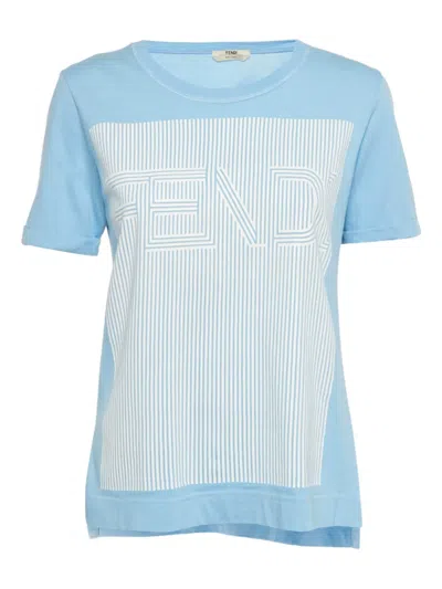 Pre-owned Fendi Logo-print Striped T-shirt In Blue