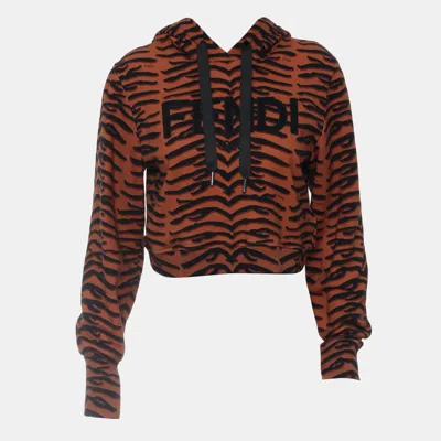 Pre-owned Fendi Logo Printed Crop Hoodie Size S In Brown