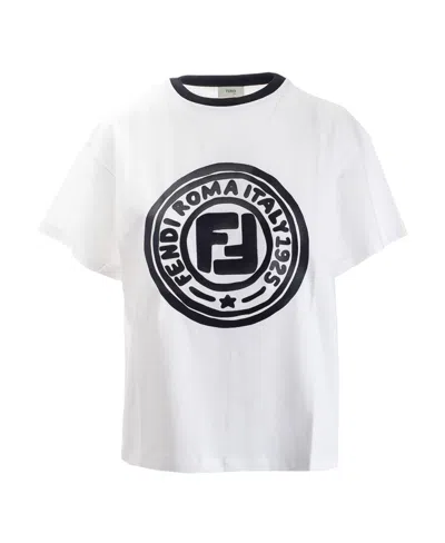 Fendi Logo Printed T-shirt With Round Neck In White