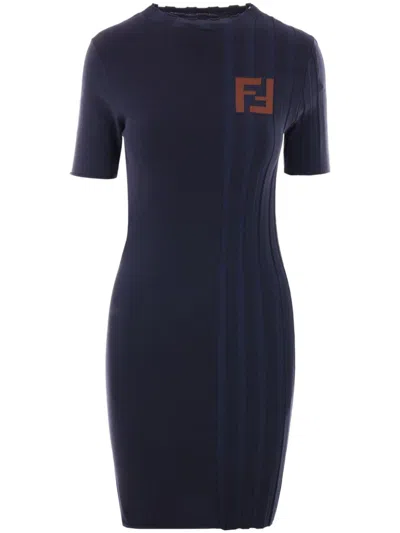 Fendi Logo Ribbed Cotton Dress In Blue