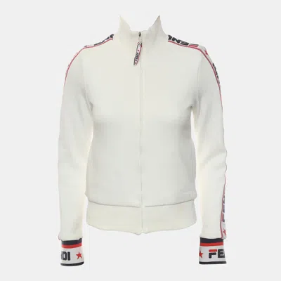 Pre-owned Fendi Logo Ribbon Trim Zip-up Jacket In White