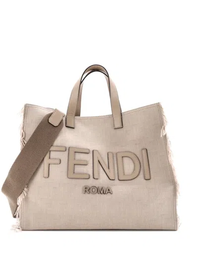 Pre-owned Fendi Logo Shopper Fringe Canvas Large Tote Bag In Brown