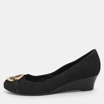 Pre-owned Fendi Logo Size 38 Black Ff Canvas Wedge Pumps