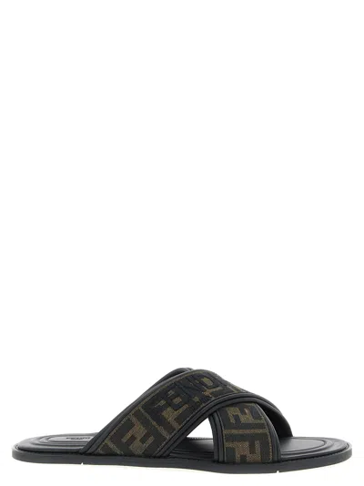 Fendi Logo-patterned Sandals In Black