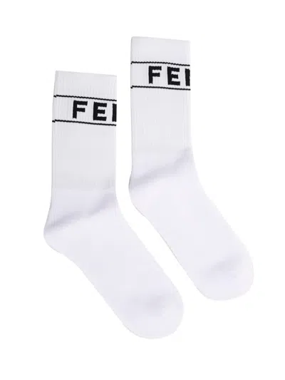 Fendi Logo Cotton-blend Short Socks In White,black