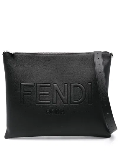Fendi Logo-stitched Clutch Bag In Black