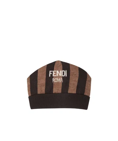 Fendi Logo Stripe Knitted Hat In Black