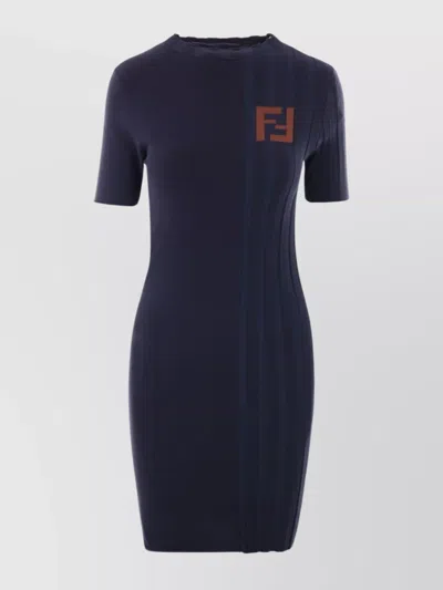 Fendi Ff Short Sleeved Ribbed Mini Dress In Blue