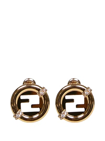 Fendi Logo Stud Crystal Earrings In Gold