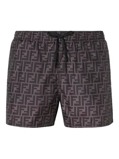 Fendi Tech Fabric With All-over Ff Pattern Swim Shorts In Brown