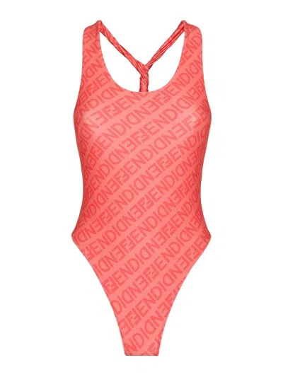 Fendi Logo Swimsuit In Red