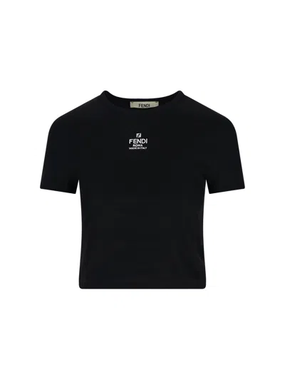 Fendi Women T-shirt A Coste Cropped Con Dettaglio Logo In Cotone Stretch Nero Donna In Black