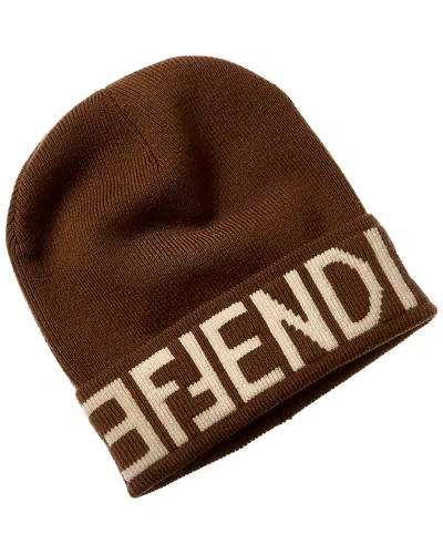 Fendi Logo Wool & Cashmere-blend Beanie In Brown