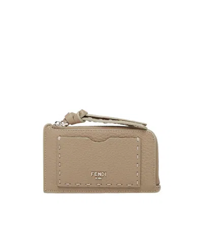 Fendi Logo Zipper Card Bag In Gray