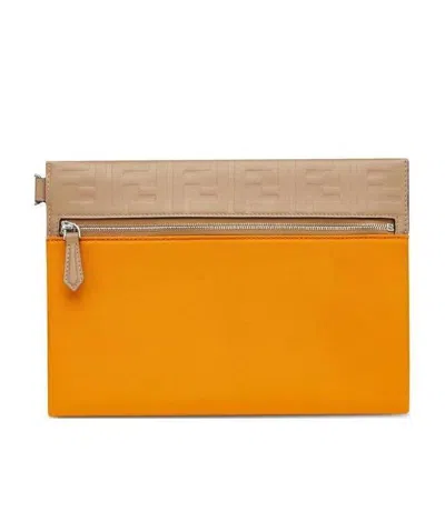 Fendi Logo Zipper Clutch In Orange