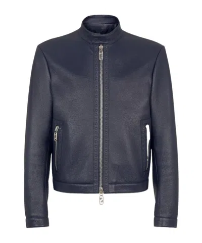 Fendi Logo Zipper Leather Jacket In Blueberry