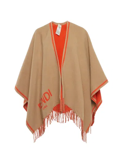 Pre-owned Fendi Logo-detail Poncho In Neutral