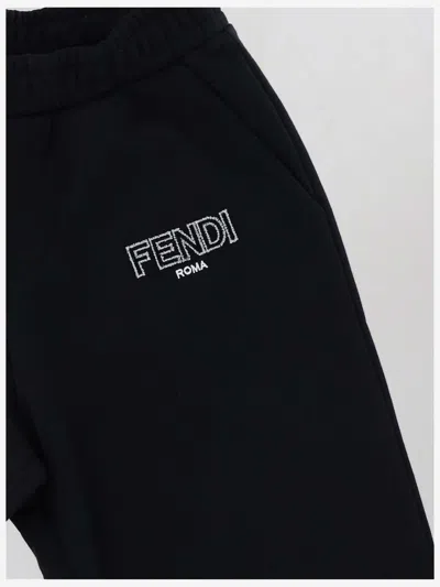 Fendi Logo-embroidered Cotton Trousers In Black