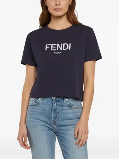 Pre-owned Fendi Logo-embroidered Crew-neck T-shirt In Blue