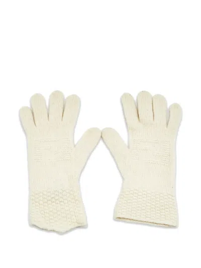 Pre-owned Fendi Logo-embroidered Knitted Gloves In Neutral