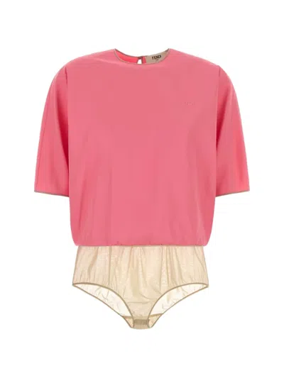 Fendi Logo-embroidered Short-sleeve Bodysuit In Pink