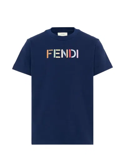 Fendi Kids' Logo-embroidered T-shirt In Blue