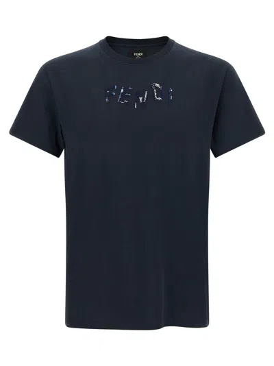 Fendi Logo-embroidered T-shirt In Blue