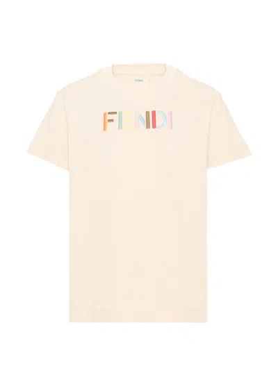Fendi Kids' Logo-embroidered T-shirt In Neutral