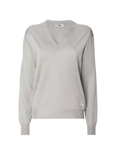 Fendi Logo-embroidered V-neck Sweater In Gray