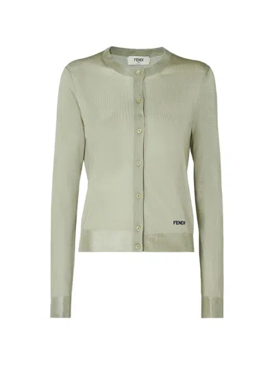 Fendi Cardigan Crewneck In Viscose With Embroidered Logo In Green