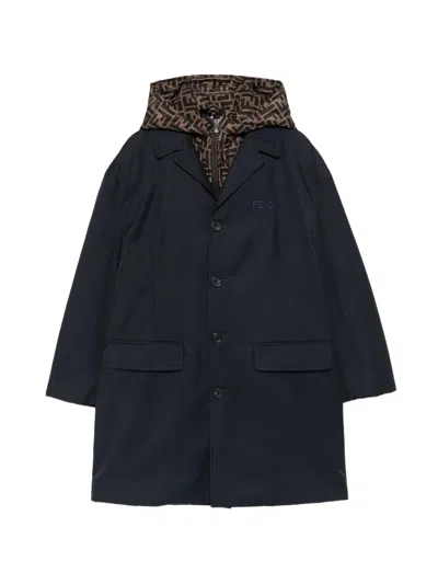 Fendi Kids' Logo-embroidery Hooded Coat In Blue