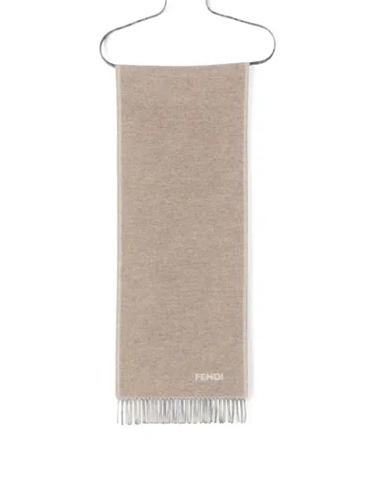 Fendi Logo-intarsia Fringed Scarf In Neutral