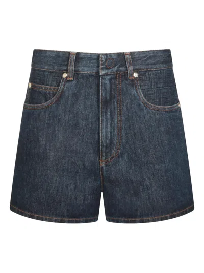 Fendi Denim Flared Shorts With Quilted Ff Pattern In Blue