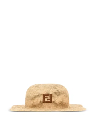 Fendi Logo-patch Raffia Hat In Neutral