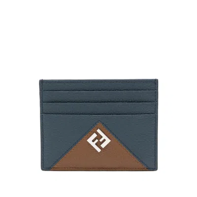 Fendi Logo-plaque Pebbled-leather Cardholder In Blue
