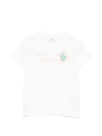 Fendi Kids' Logo-print Butterfly-motif T-shirt In White