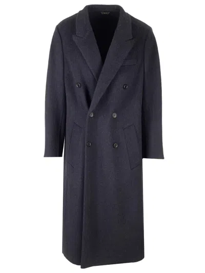 Fendi Long Double-breasted Coat In Navy